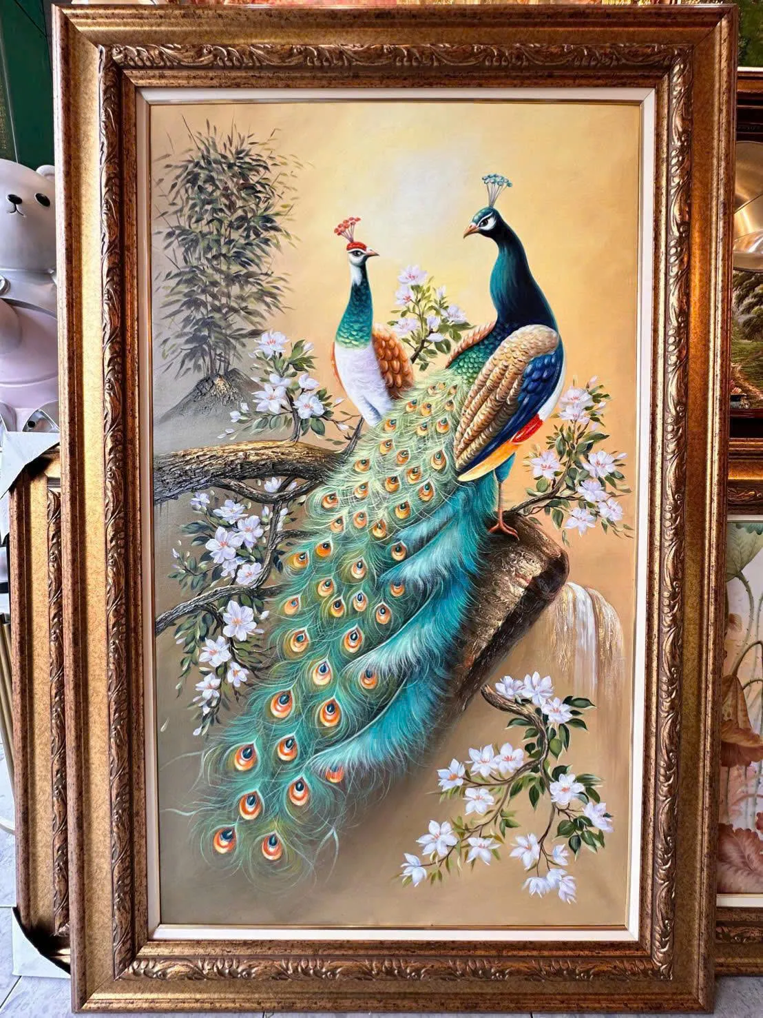 tranh sơn dầu đôi chim công